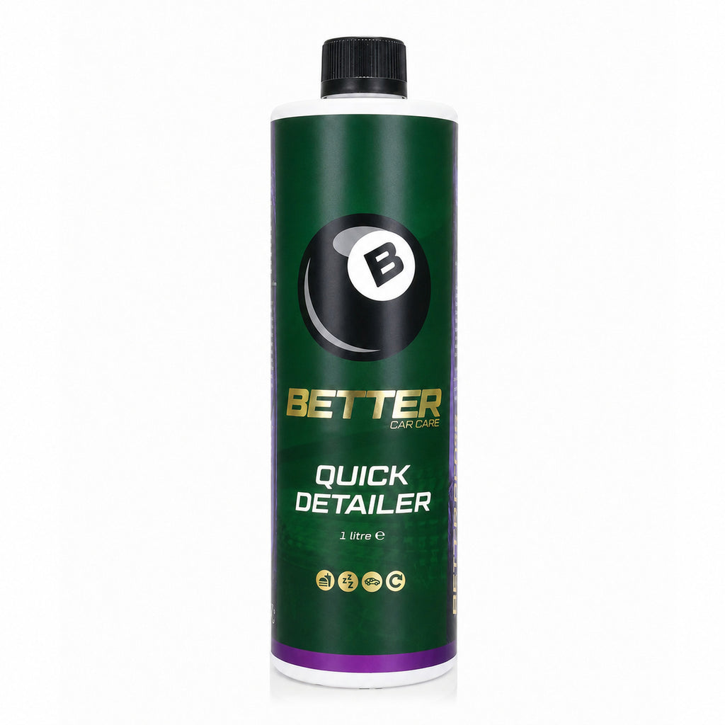 A 2 litre bottle of Better Car Care Quick Detailer, featuring a dark green label with a black and white 8-ball logo and gold lettering, topped with a black cap.