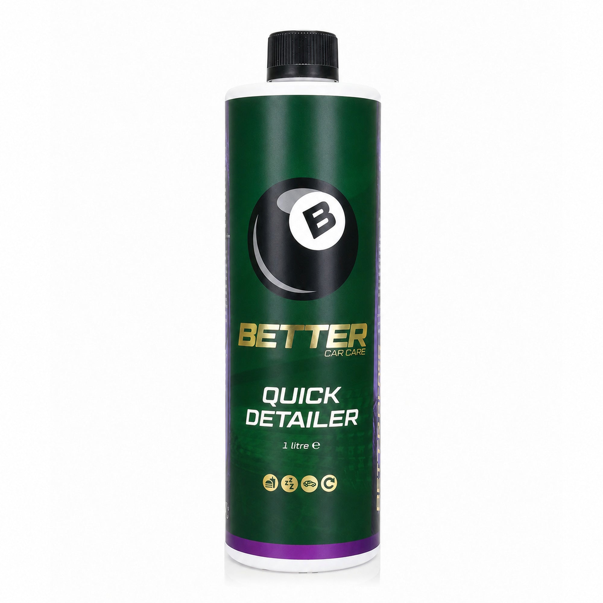 A 2 litre bottle of Better Car Care Quick Detailer, featuring a dark green label with a black and white 8-ball logo and gold lettering, topped with a black cap.
