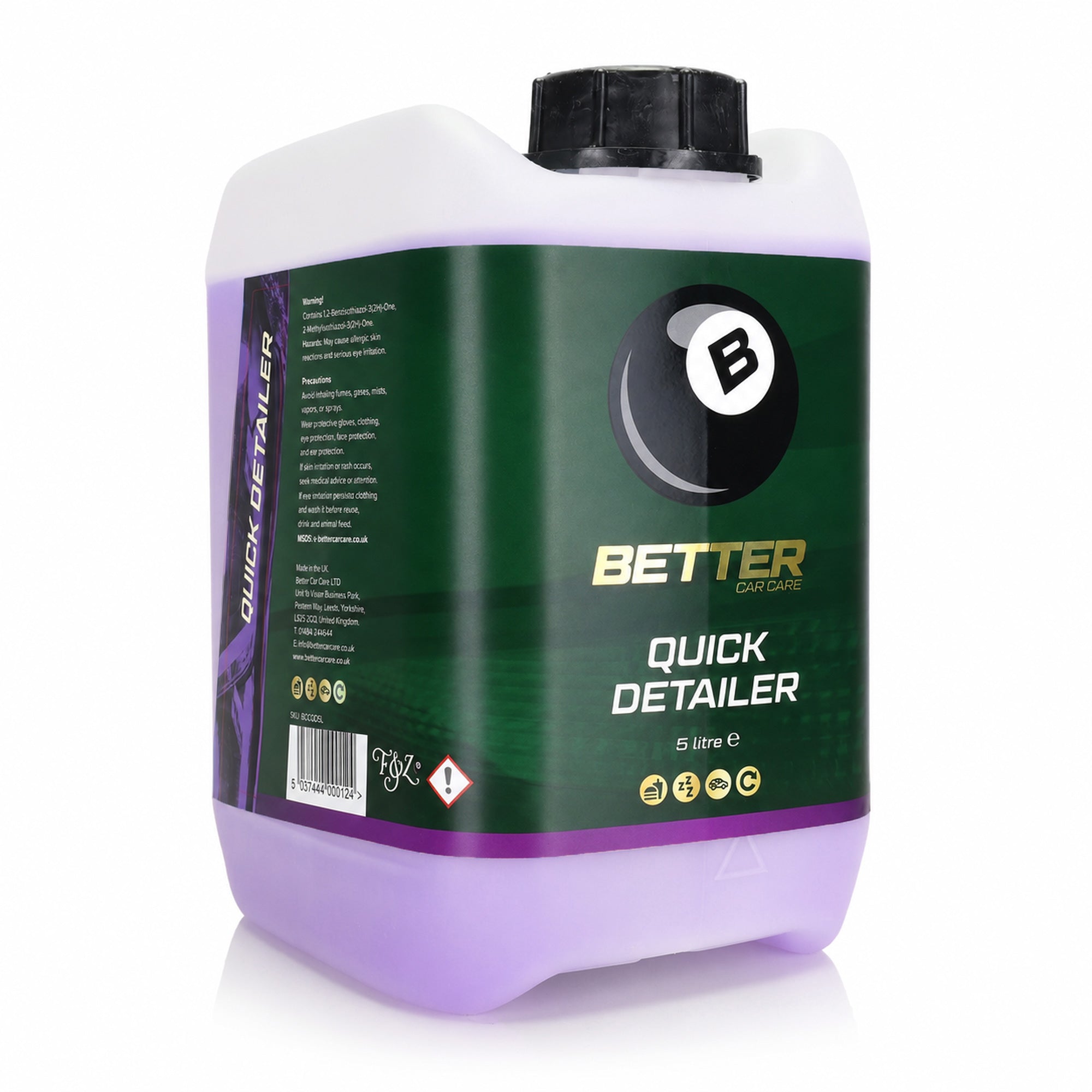 A 5 litre plastic bottle of Better Brands Quick Detailer, featuring a white top and bottom, a black cap, and a dark green label with purple accents and a black billiard ball logo.