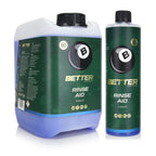 A 5-liter plastic jug and a 1-liter plastic bottle of Better Car Care Rinse Aid, both with dark green labels and black caps, shown on a white background.