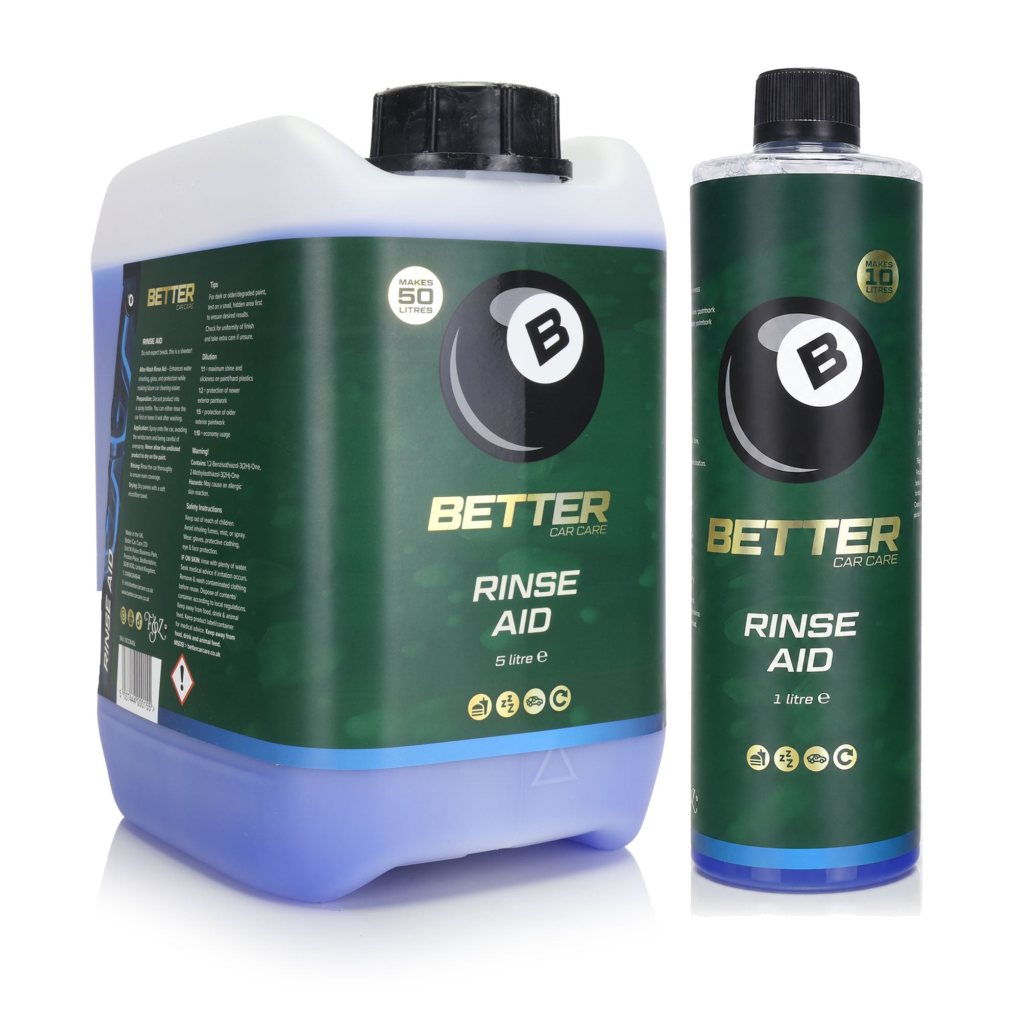 A 5-liter plastic jug and a 1-liter plastic bottle of Better Car Care Rinse Aid, both with dark green labels and black caps, shown on a white background.